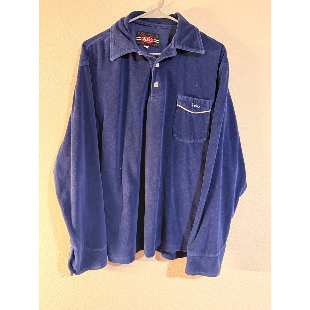 Vtg 90s HIC Hawaiian Island Creations Blue Velour Long Sleeve Polo Shirt M